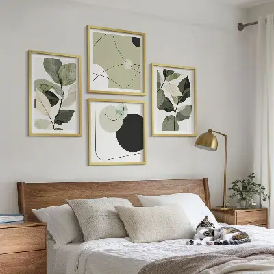 Set de 4 cuadros abstractos con diseño de hojas pintadas para salón