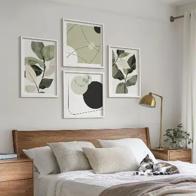 Set de 4 cuadros abstractos con diseño de hojas pintadas para salón
