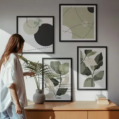 Set de 4 cuadros abstractos con diseño de hojas pintadas para salón