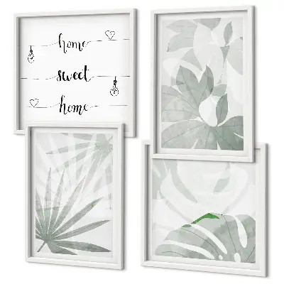 Set de cuadros modernos para salón hojas de plantas en tono gris verdoso