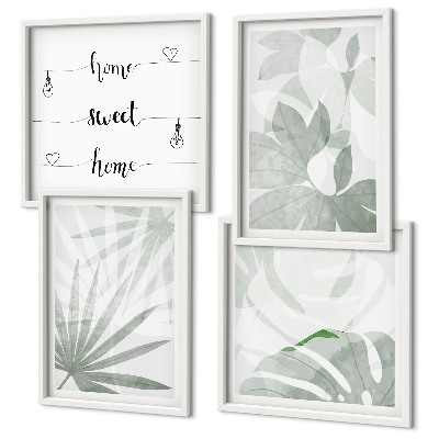 Set de cuadros modernos para salón Las hojas de las plantas son de color gris verdoso.
