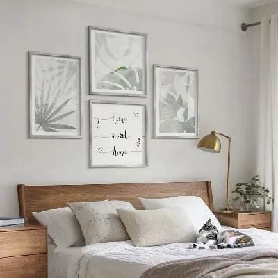 Set de cuadros modernos para salón hojas de plantas en tono gris verdoso