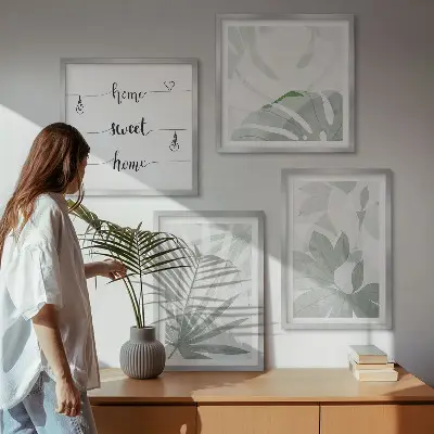 Set de cuadros modernos para salón hojas de plantas en tono gris verdoso