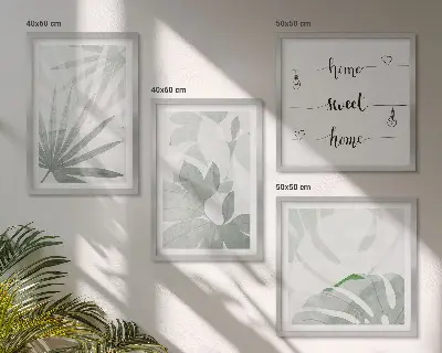 Set de cuadros modernos para salón hojas de plantas en tono gris verdoso