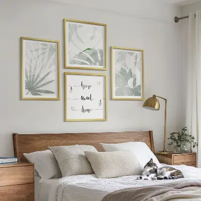 Set de cuadros modernos para salón hojas de plantas en tono gris verdoso