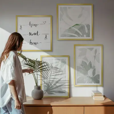 Set de cuadros modernos para salón hojas de plantas en tono gris verdoso