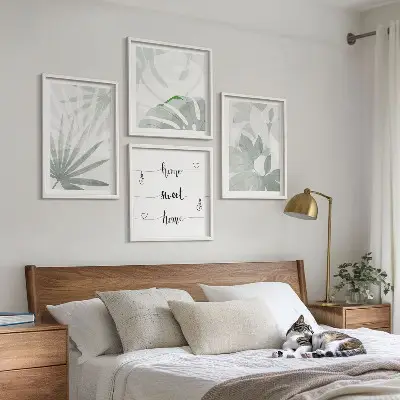 Set de cuadros modernos para salón hojas de plantas en tono gris verdoso
