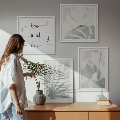 Set de cuadros modernos para salón hojas de plantas en tono gris verdoso