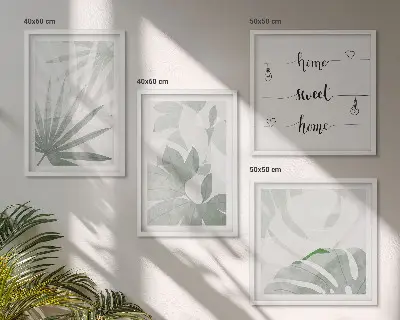 Set de cuadros modernos para salón hojas de plantas en tono gris verdoso