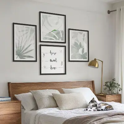 Set de cuadros modernos para salón hojas de plantas en tono gris verdoso