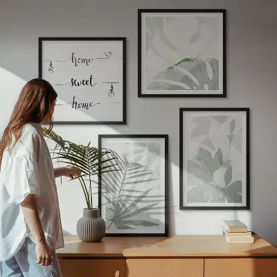 Set de cuadros modernos para salón hojas de plantas en tono gris verdoso