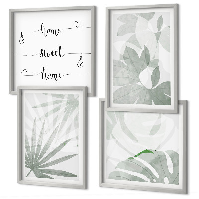 Set de cuadros modernos para salón Las hojas de las plantas son de color gris verdoso.