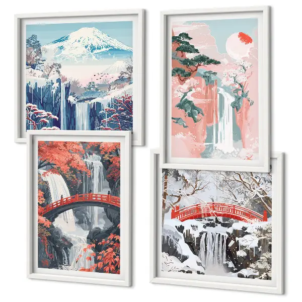 Set de 4 cuadros para salón con paisajes de cascadas, puentes, árboles y estaciones