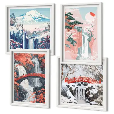 Set de 4 cuadros para salón con paisajes de cascadas, puentes, árboles y estaciones