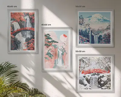 Set de 4 cuadros para salón con paisajes de cascadas, puentes, árboles y estaciones