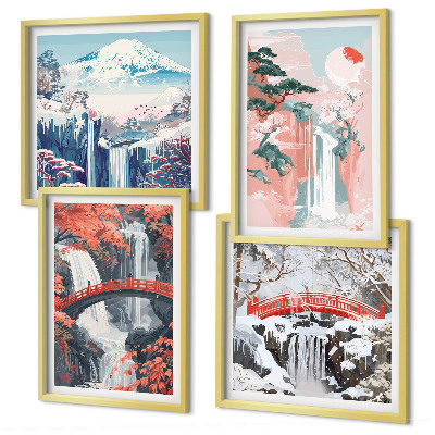 Set de 4 cuadros para salón Cascadas, puentes, árboles, estaciones