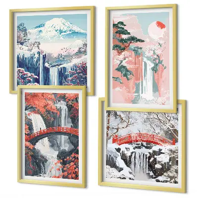 Set de 4 cuadros para salón con paisajes de cascadas, puentes, árboles y estaciones