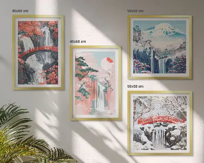 Set de 4 cuadros para salón con paisajes de cascadas, puentes, árboles y estaciones