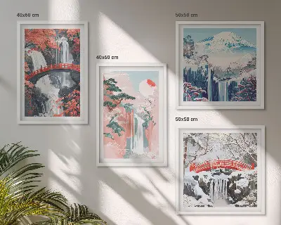 Set de 4 cuadros para salón con paisajes de cascadas, puentes, árboles y estaciones