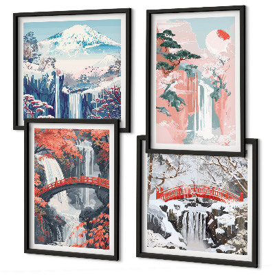 Set de 4 cuadros para salón Cascadas, puentes, árboles, estaciones