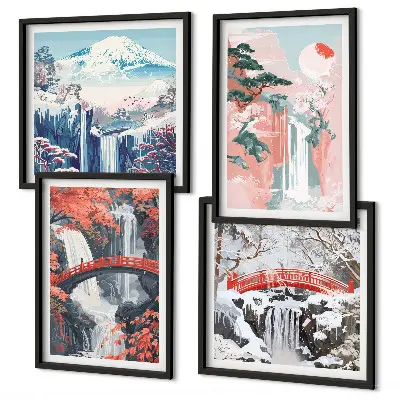Set de 4 cuadros para salón con paisajes de cascadas, puentes, árboles y estaciones