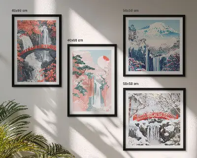 Set de 4 cuadros para salón con paisajes de cascadas, puentes, árboles y estaciones