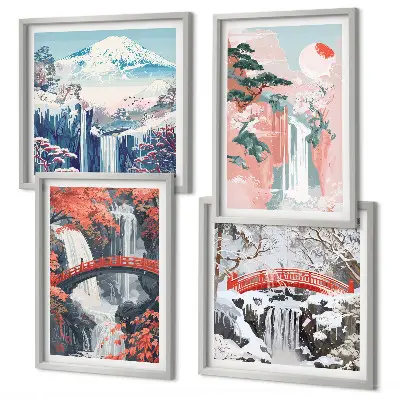 Set de 4 cuadros para salón con paisajes de cascadas, puentes, árboles y estaciones