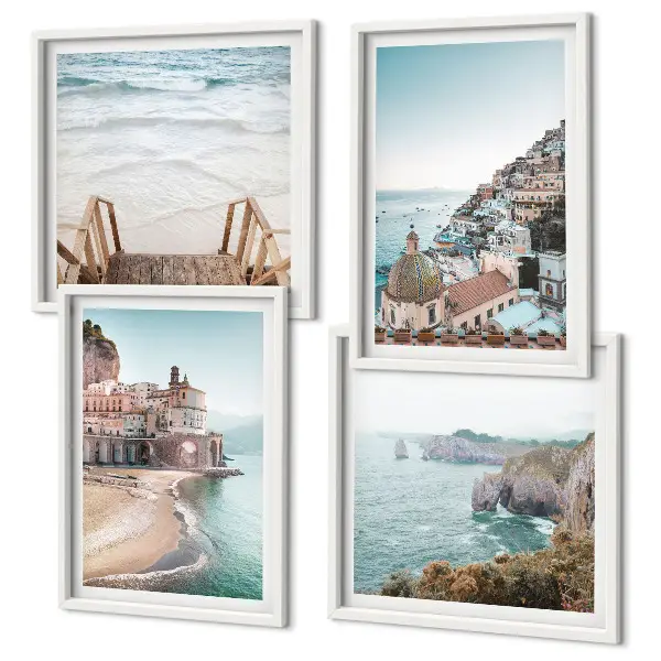 Set de cuadros modernos para salón con vistas de playa en tonos pastel de verano