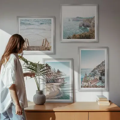 Set de cuadros modernos para salón con vistas de playa en tonos pastel de verano