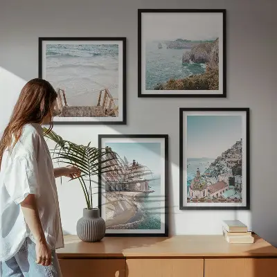 Set de cuadros modernos para salón con vistas de playa en tonos pastel de verano