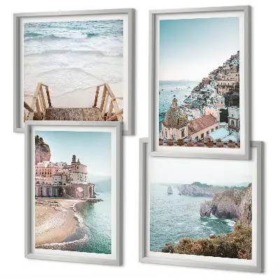 Set de cuadros modernos para salón con vistas de playa en tonos pastel de verano