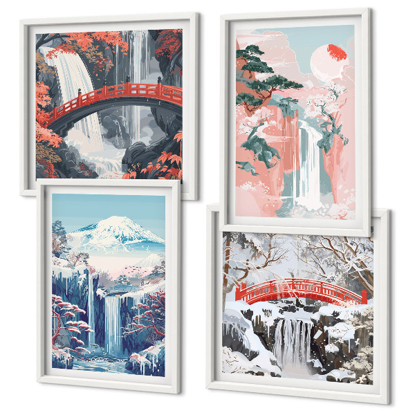 Set de 4 cuadros para salón cascadas montañas puente árboles