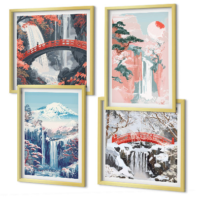 Set de 4 cuadros para salón cascadas montañas puente árboles