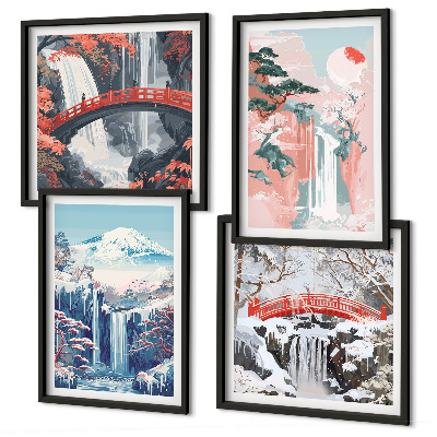 Set de 4 cuadros para salón cascadas montañas puente árboles
