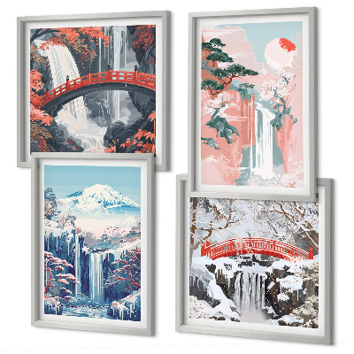Set de 4 cuadros para salón cascadas montañas puente árboles