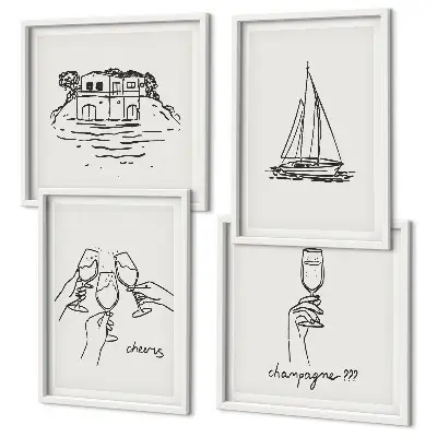 Set de cuadros modernos para salón diseño de casa sobre el agua con brindis y velero