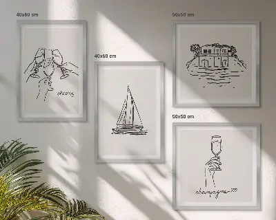 Set de cuadros modernos para salón diseño de casa sobre el agua con brindis y velero