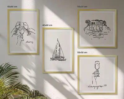 Set de cuadros modernos para salón diseño de casa sobre el agua con brindis y velero