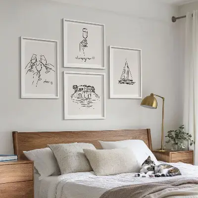 Set de cuadros modernos para salón diseño de casa sobre el agua con brindis y velero