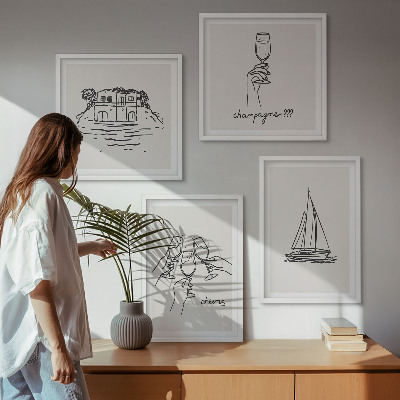 Set de cuadros modernos para salón Casa sobre el agua, brindis con velero