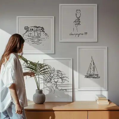 Set de cuadros modernos para salón diseño de casa sobre el agua con brindis y velero