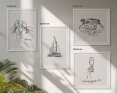 Set de cuadros modernos para salón diseño de casa sobre el agua con brindis y velero