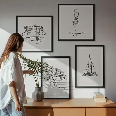Set de cuadros modernos para salón diseño de casa sobre el agua con brindis y velero