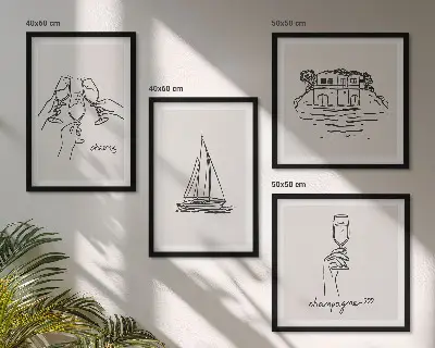 Set de cuadros modernos para salón diseño de casa sobre el agua con brindis y velero