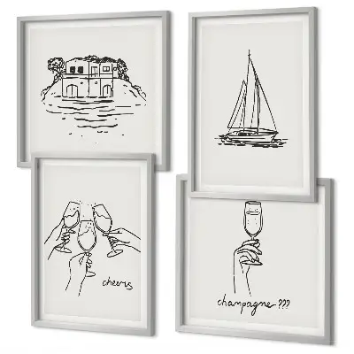 Set de cuadros modernos para salón diseño de casa sobre el agua con brindis y velero