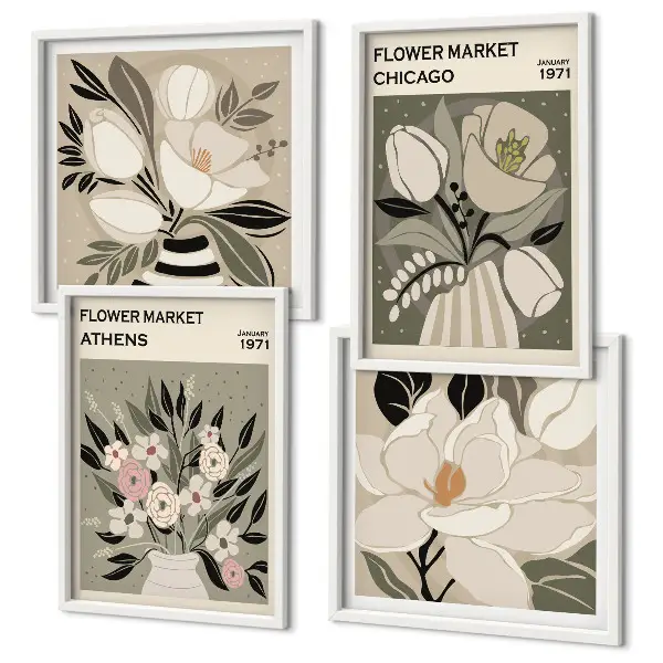 Set de 4 cuadros decorativos para salón con estampados florales de estilo retro inspirados en diferentes ciudades
