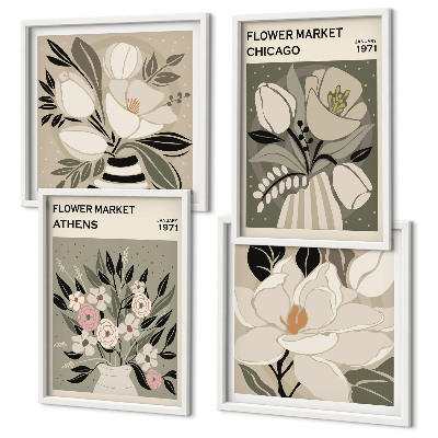 Set de 4 cuadros para salón Estampados florales retro de diferentes ciudades