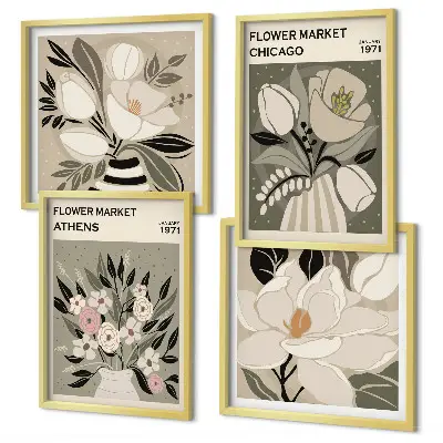 Set de 4 cuadros decorativos para salón con estampados florales de estilo retro inspirados en diferentes ciudades