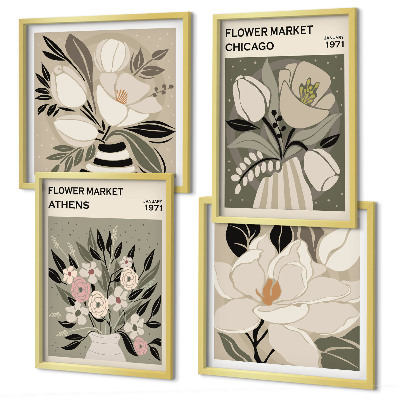 Set de 4 cuadros para salón Estampados florales retro de diferentes ciudades