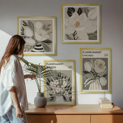 Set de 4 cuadros decorativos para salón con estampados florales de estilo retro inspirados en diferentes ciudades